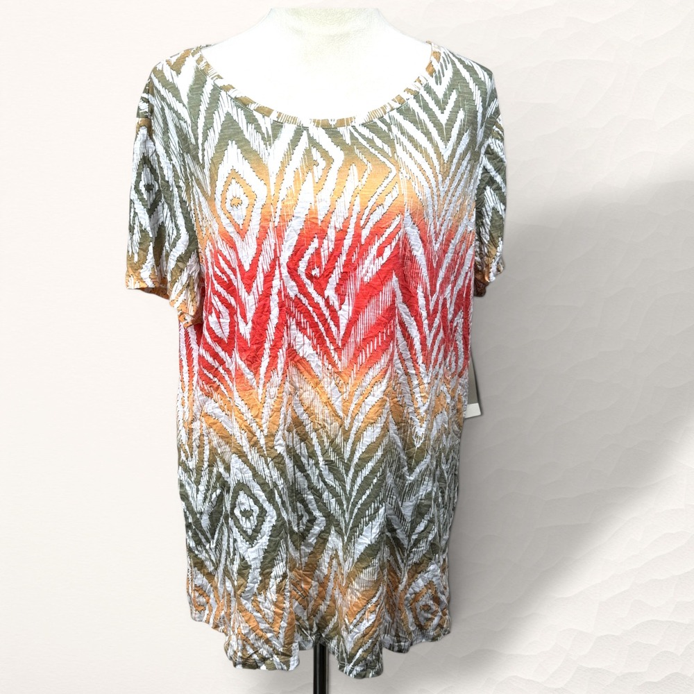 Chico's Zenergy Crushed Tribal Ikat Top Women 2 Multi Boho Short Sleeve‎ New